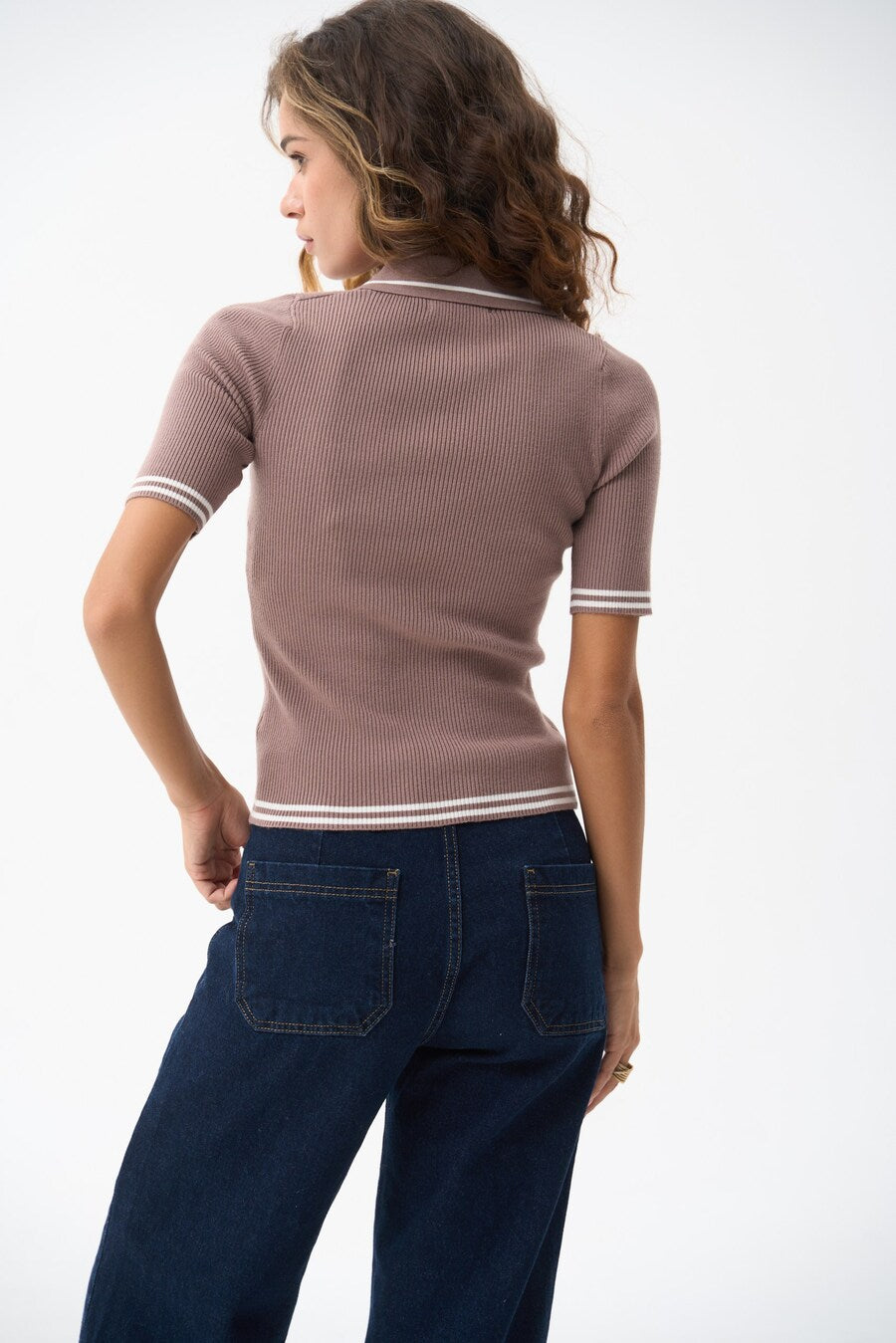 Knitted Polo T-shirt with Brown Stripes