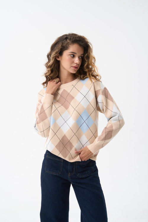 White Diamond Pattern Knit Sweater - SOLMAR