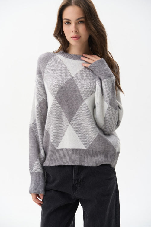 Grey Diamond Pattern Knit Sweater - SOLMAR