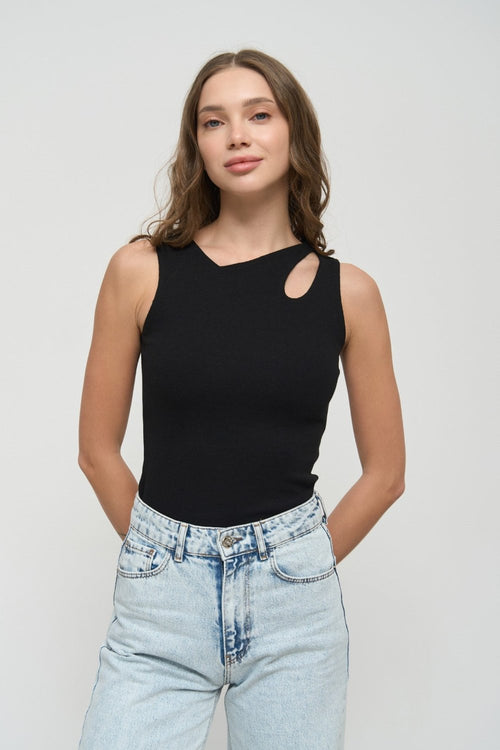 Black Assymmetric Neckline Tank Top - SOLMAR