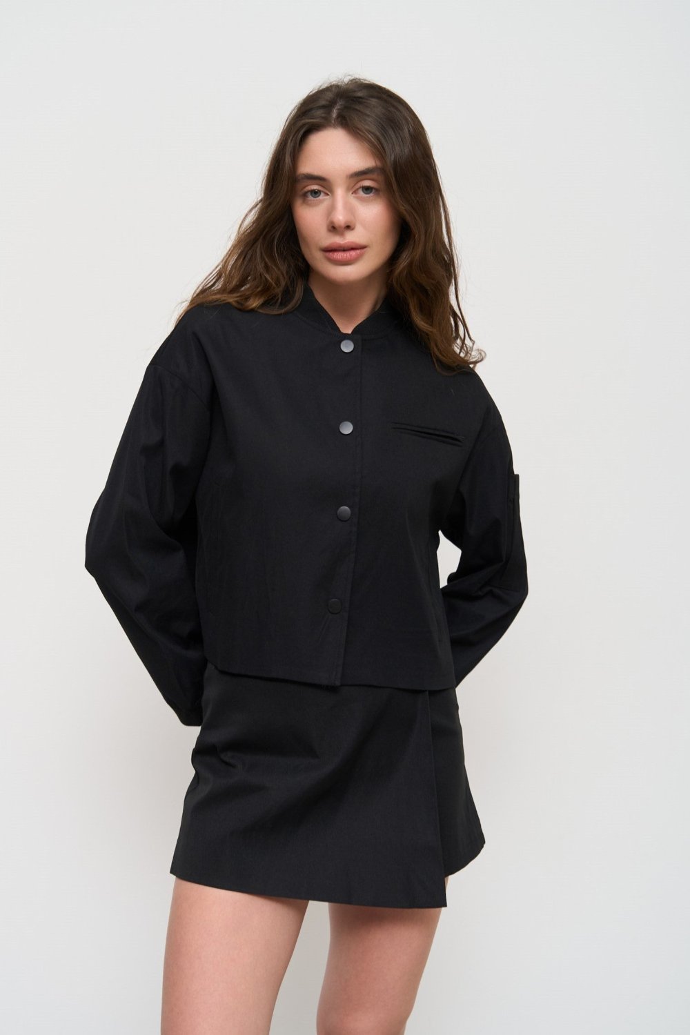 Black Cropped Bomber Jacket with Pockets - SOLMAR