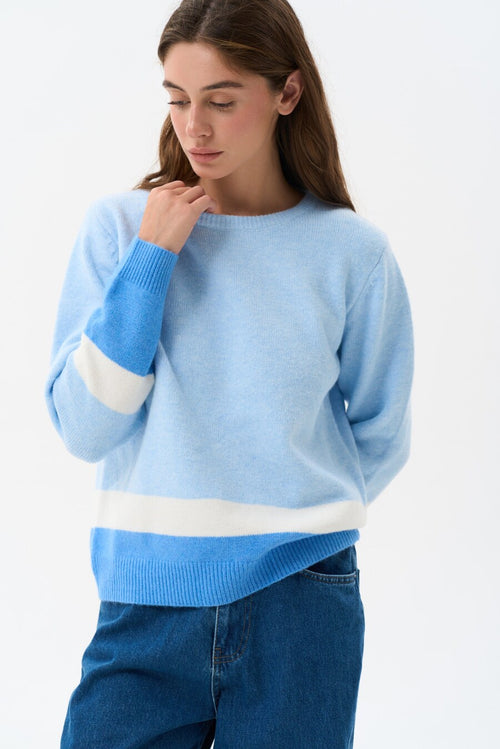 Blue Color Block Knit Sweater - SOLMAR