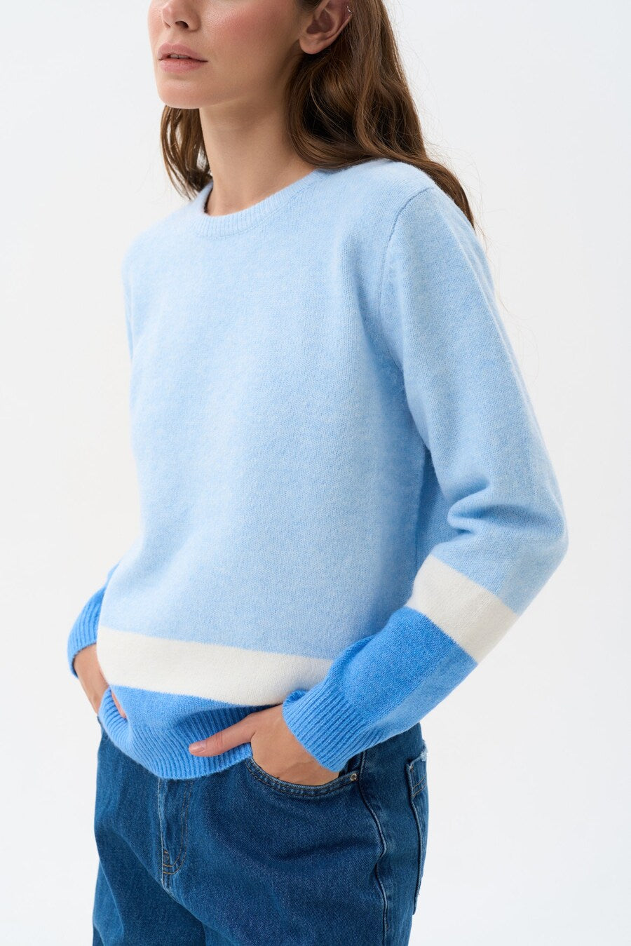 Blue Color Block Knit Sweater - SOLMAR