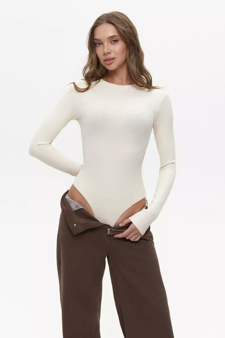 Light Cream Basic Long Sleeve Bodysuit