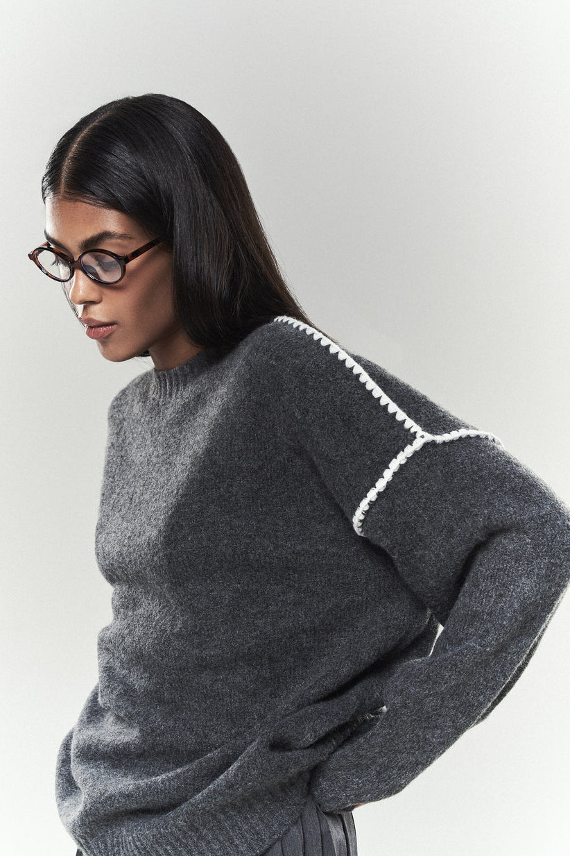 Grey Contrast Seam Knit Sweater - SOLMAR