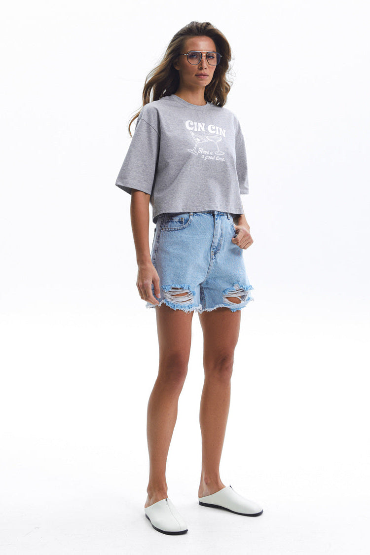 High Waist Ripped Blue Denim Shorts - SOLMAR