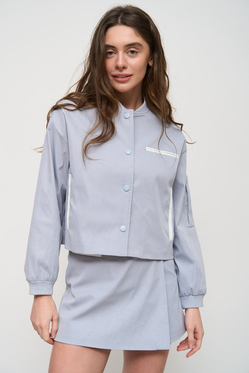 Grey Cropped Bomber Jacket with Pockets - SOLMAR