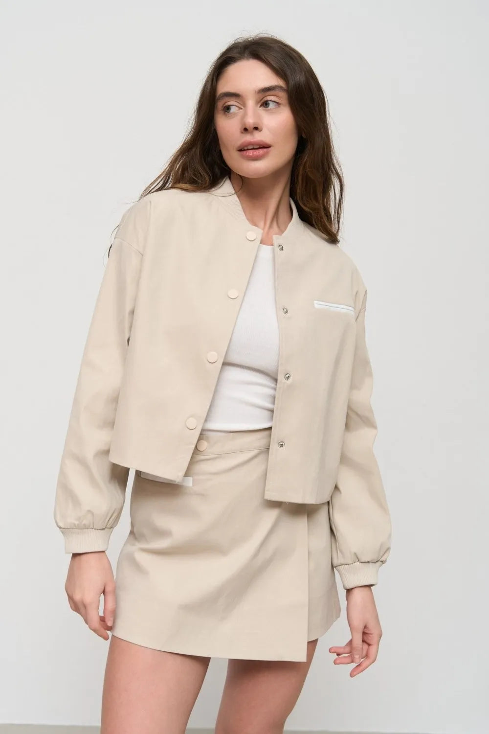 Beige Cropped Bomber Jacket with Pockets - SOLMAR