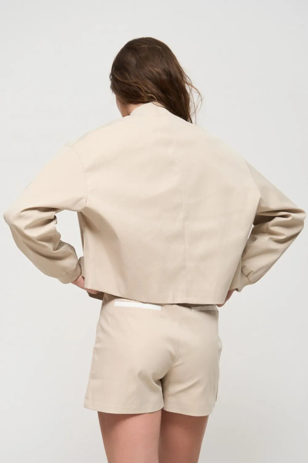 Beige Cropped Bomber Jacket with Pockets - SOLMAR