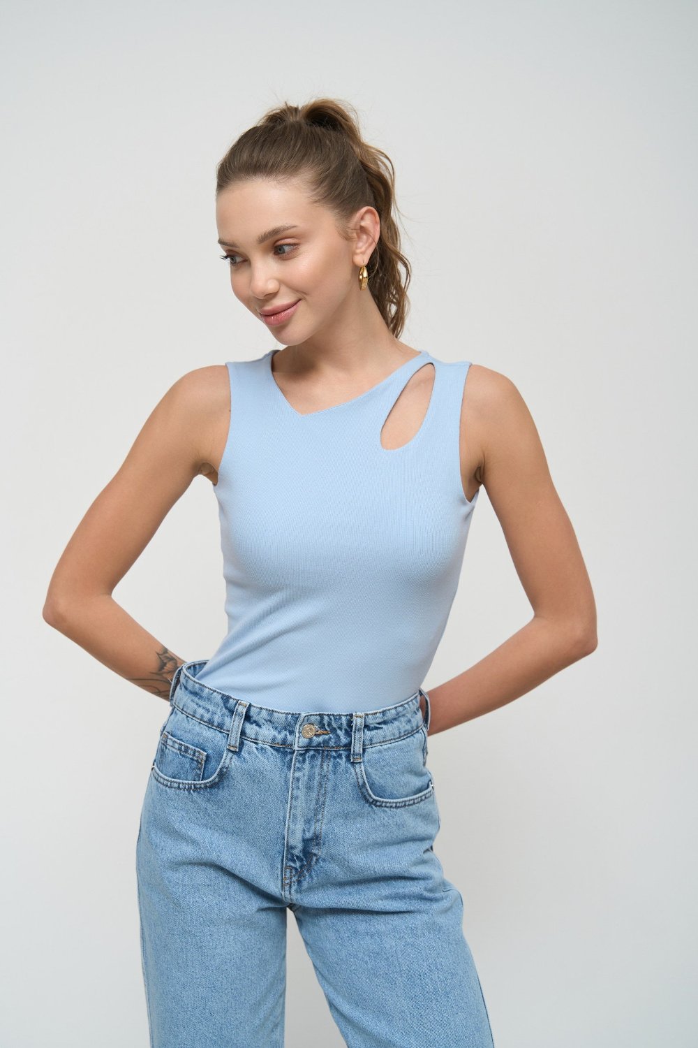 Blue Assymmetric Neckline Tank Top - SOLMAR