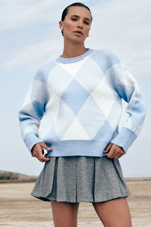 Blue Diamond Pattern Knit Sweater - SOLMAR