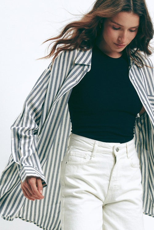 Dark Blue Oversize Striped Shirt - SOLMAR