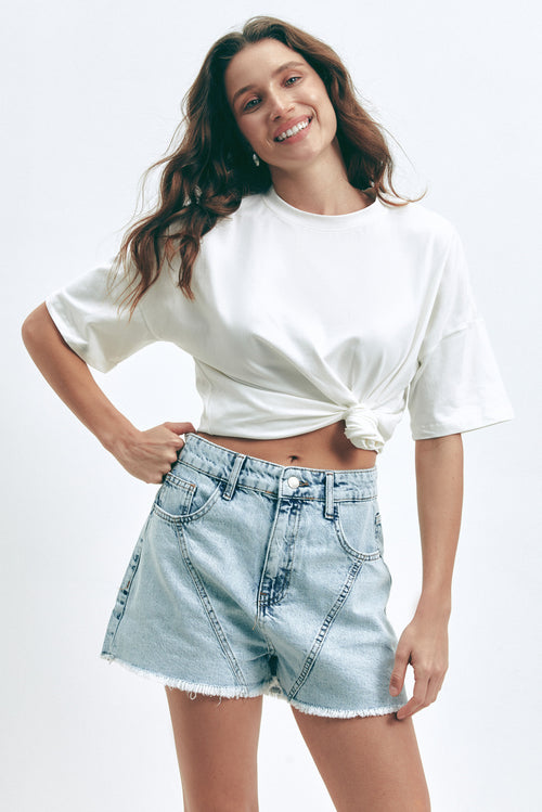 Light Blue Denim Shorts with Seams - SOLMAR