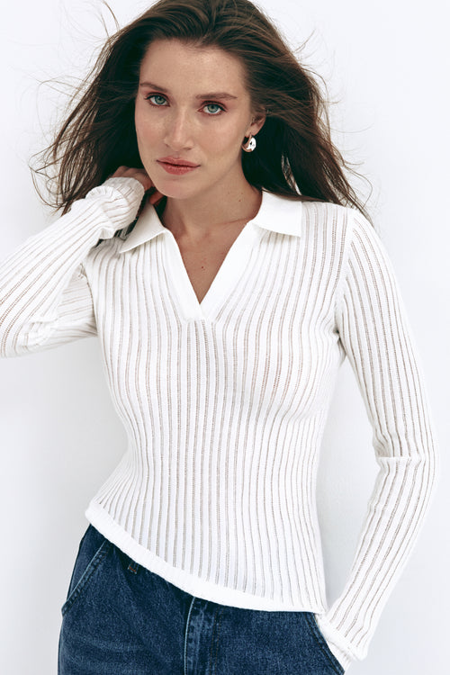 White Polo Collar Long Sleeve - SOLMAR