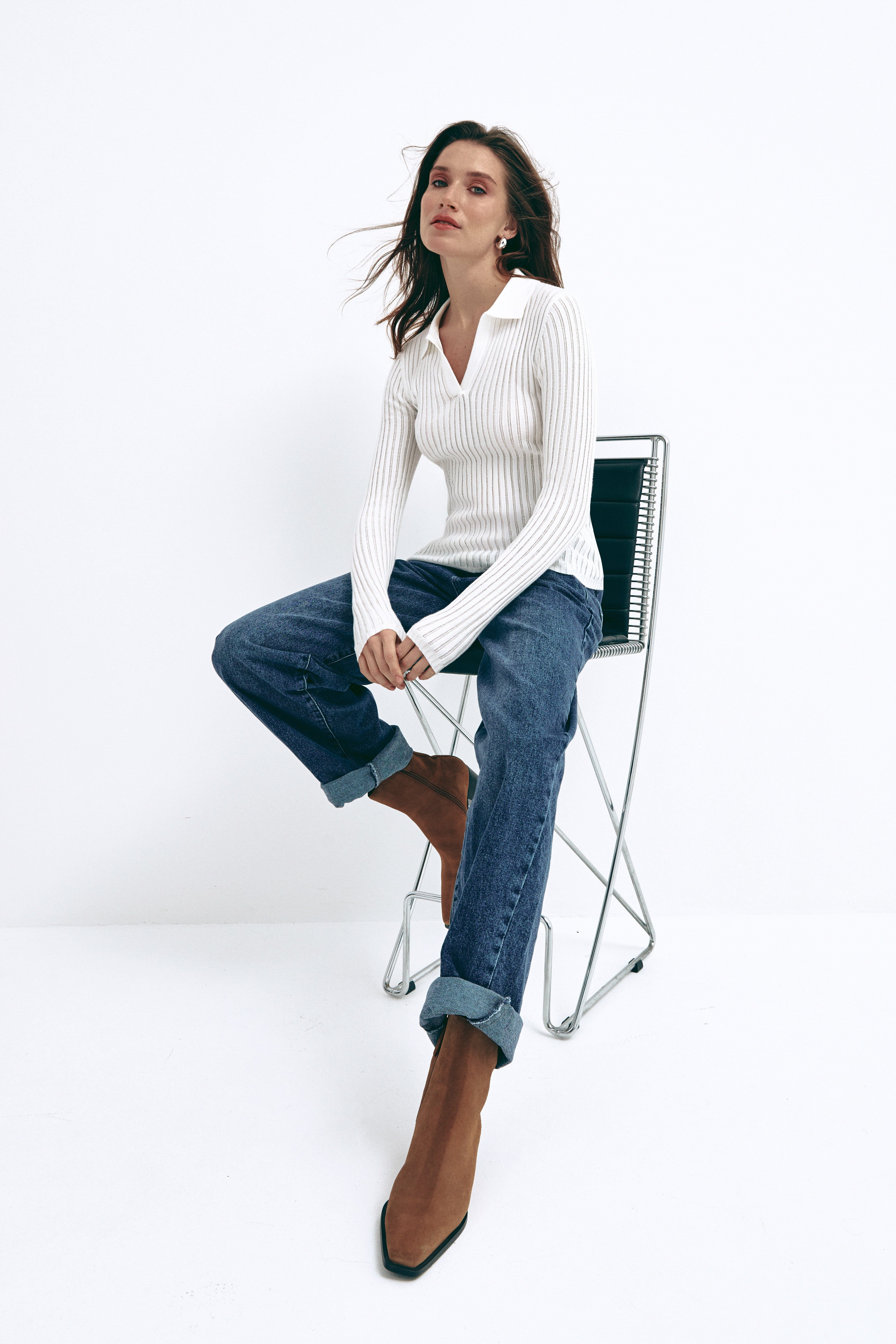 White Polo Collar Long Sleeve - SOLMAR