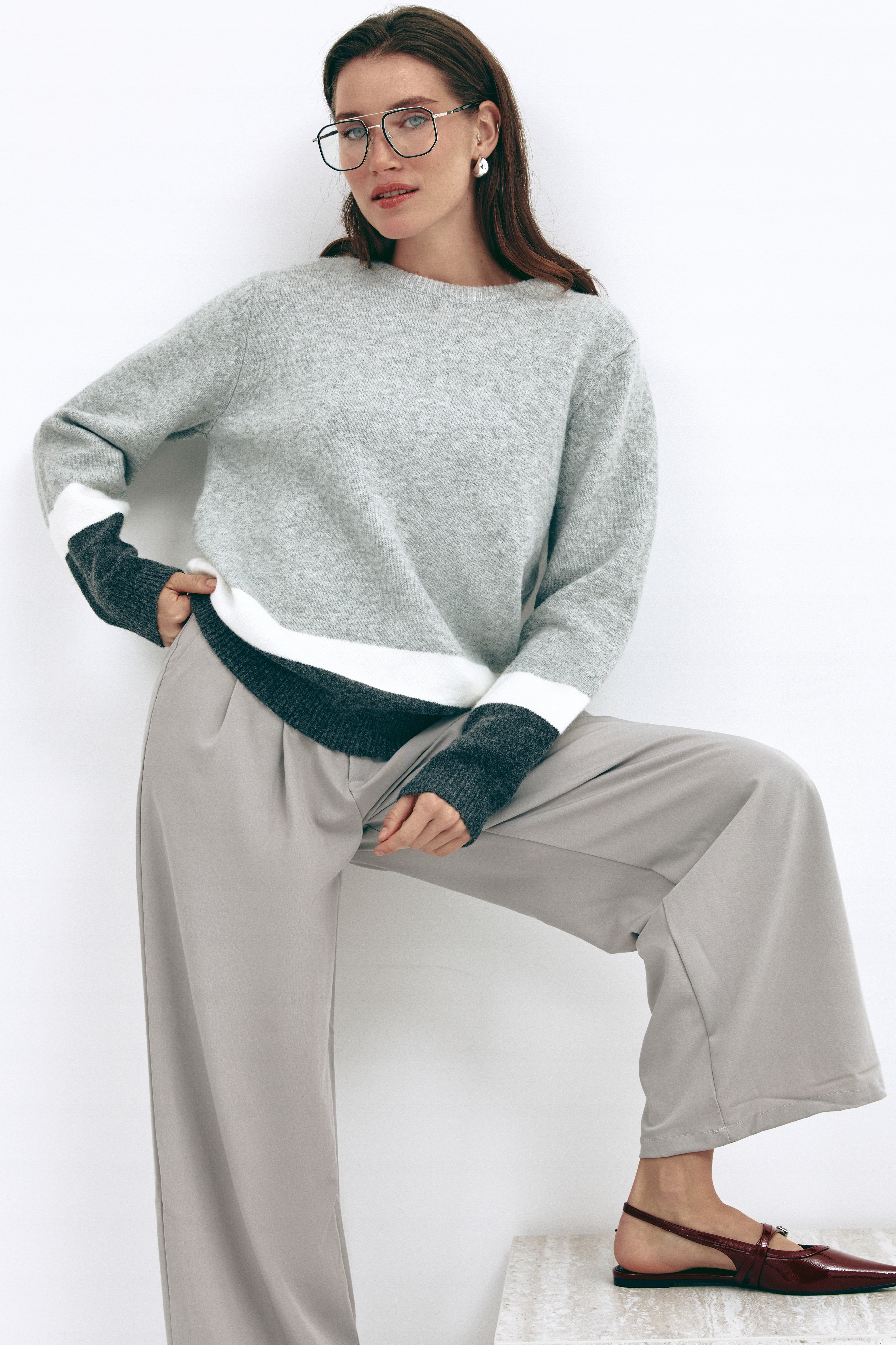 Grey Color Block Knit Sweater