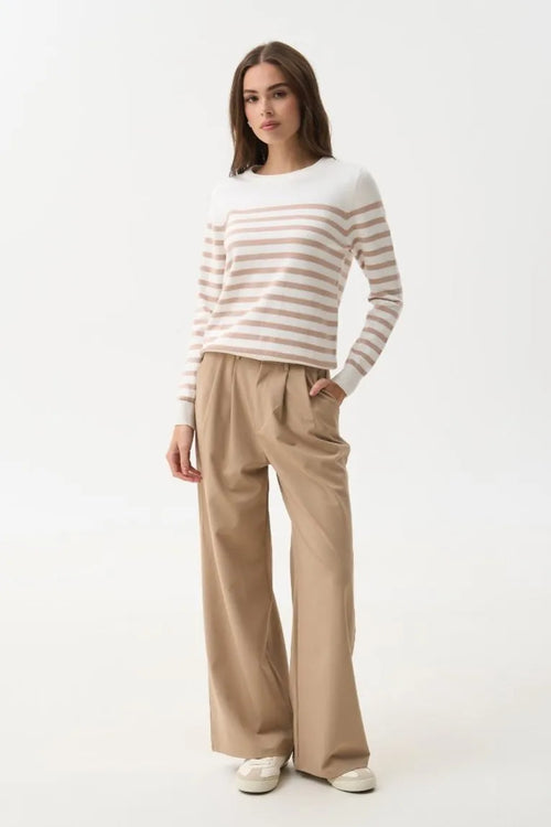 Beige Striped Knit Sweater with a Crew Neck - SOLMAR