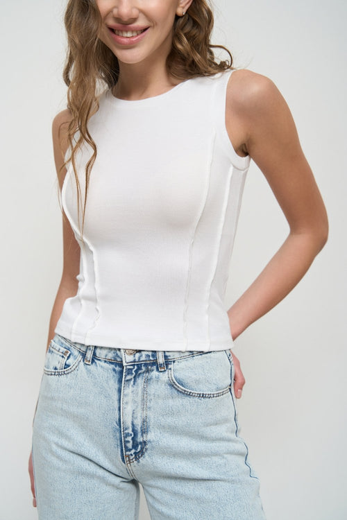 White Ribbed Seam Detail Top - SOLMAR
