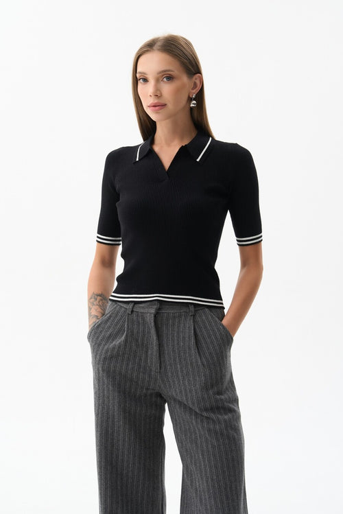 Knitted Polo Sweater with Black Stripes