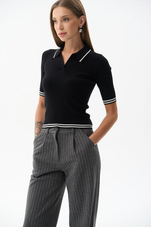 Knitted Polo Sweater with Black Stripes
