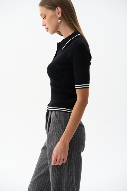 Knitted Polo Sweater with Black Stripes