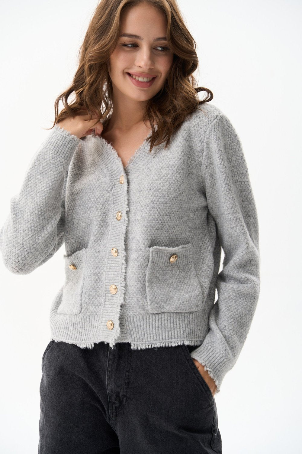 Woolen cardigan with small buttons in color grey