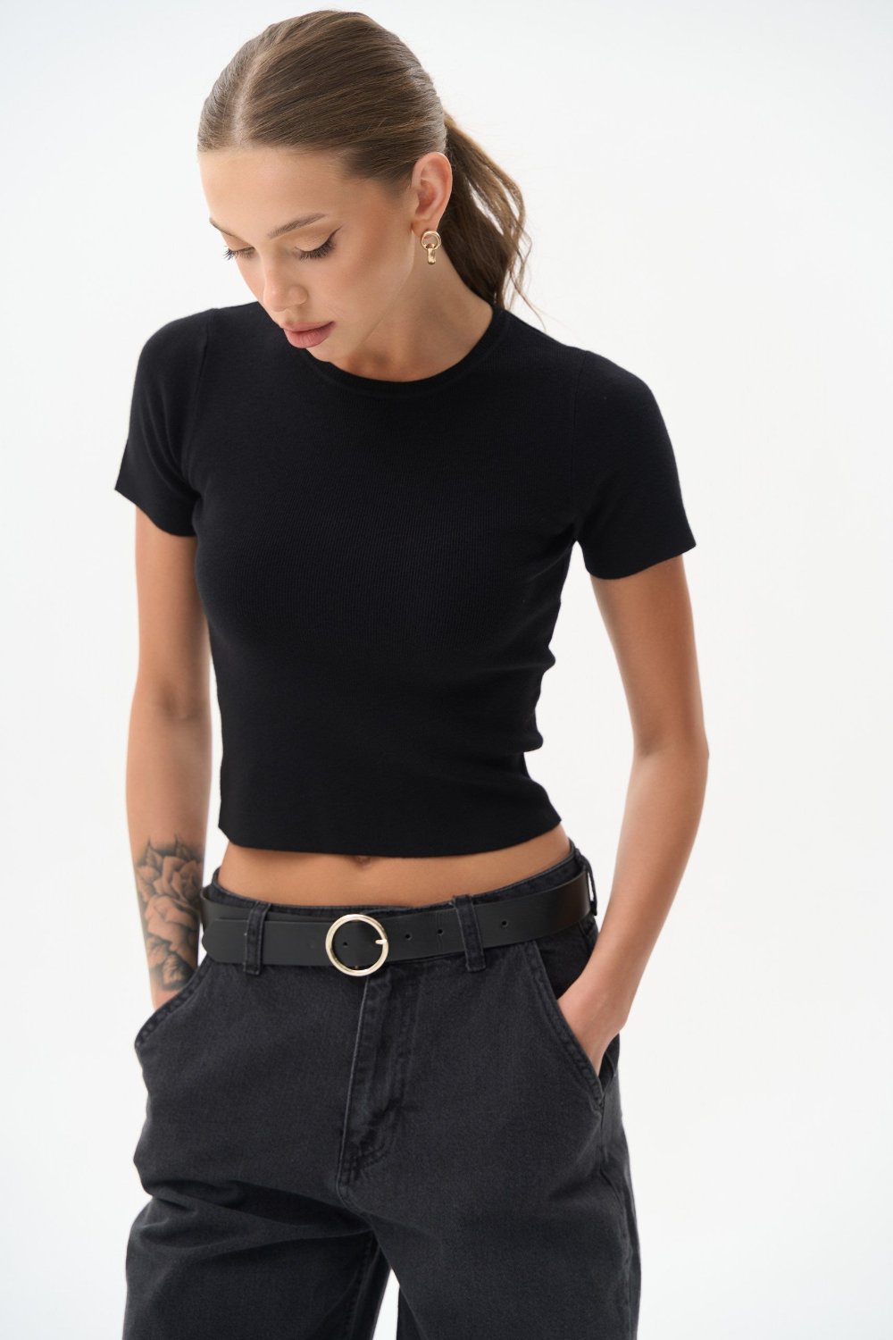 Black  Knit Short Sleeve Jumper