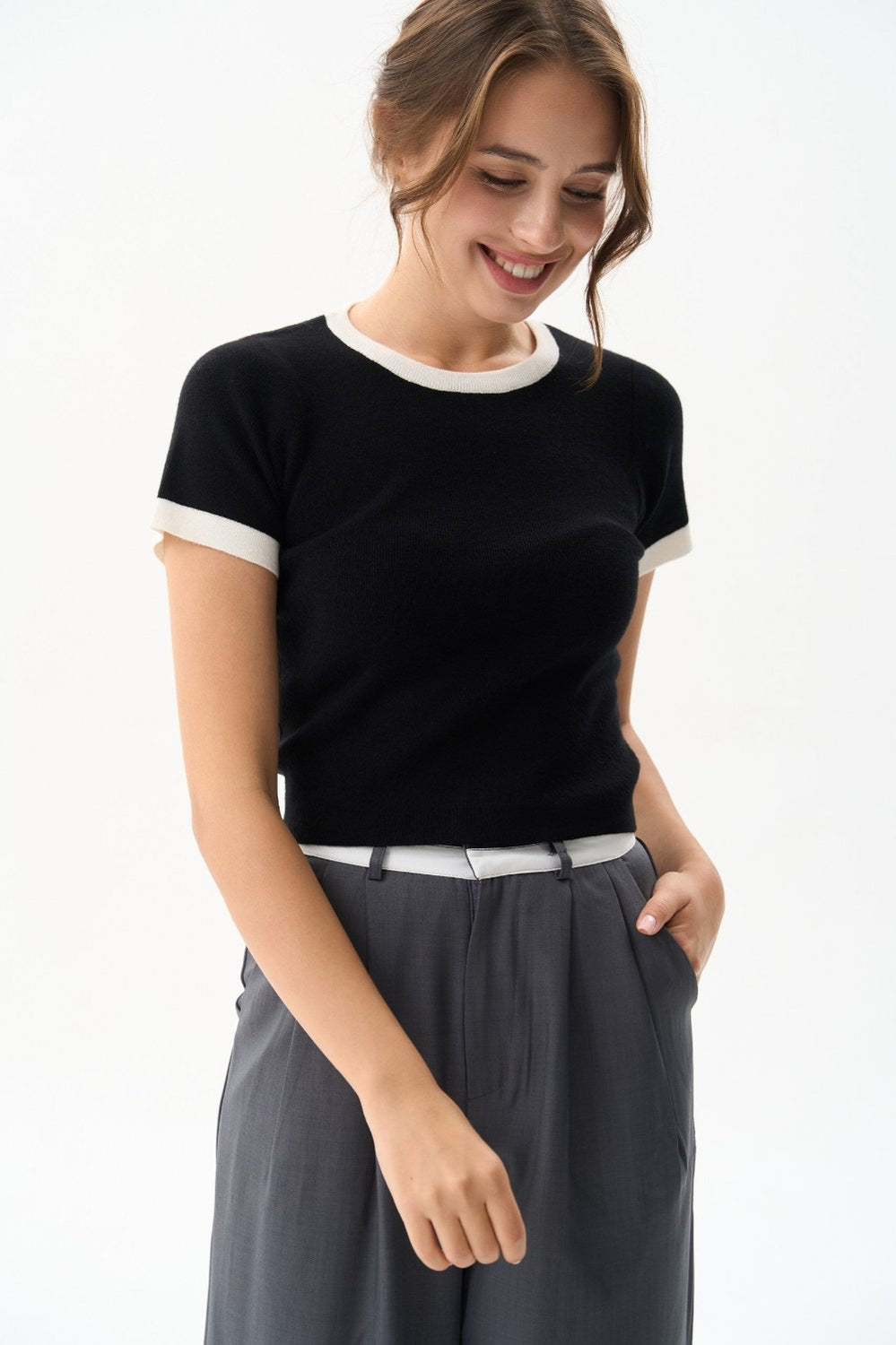 Black Contrast Trim Knit T-Shirt