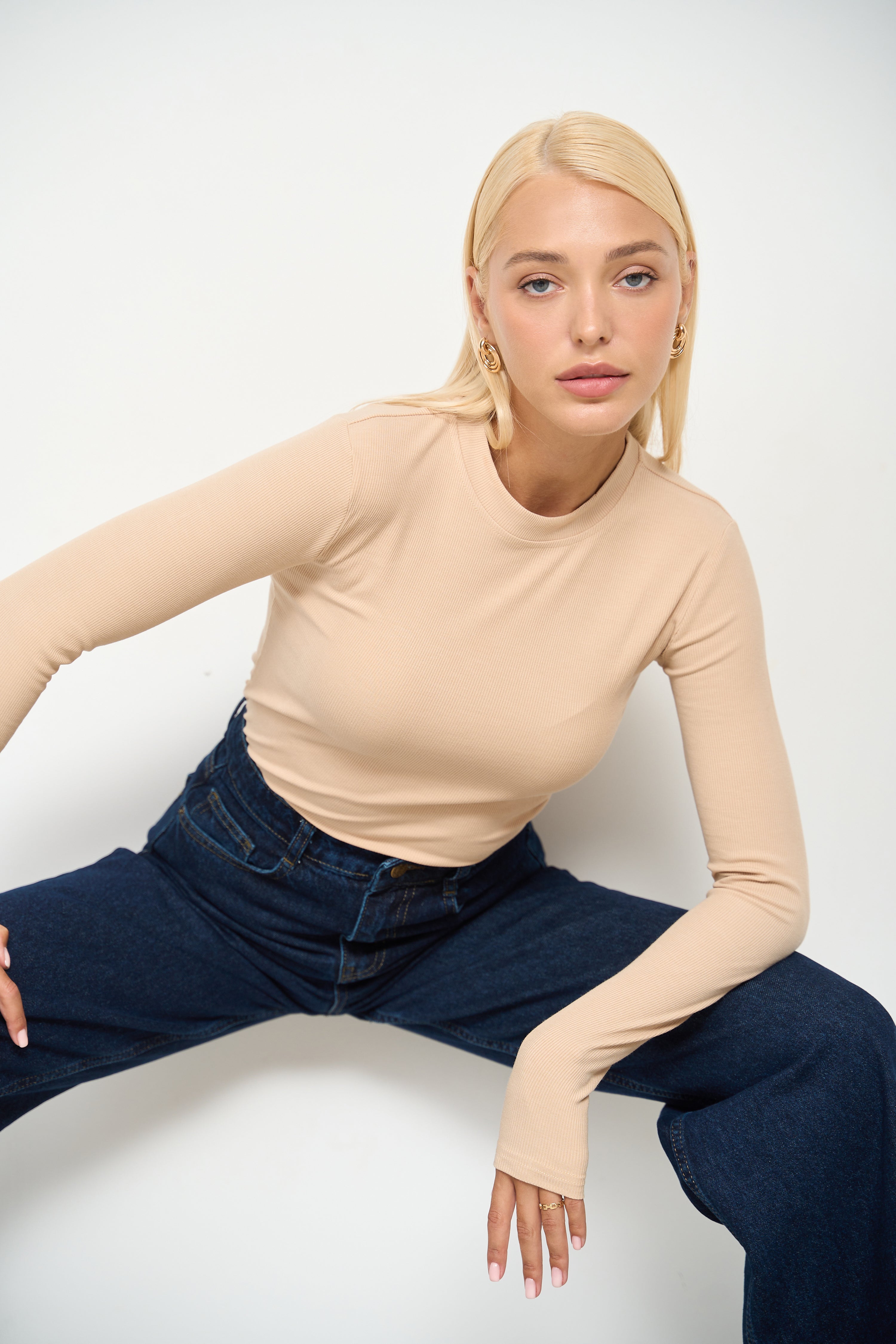 Beige Basic viscose long-sleeve top
