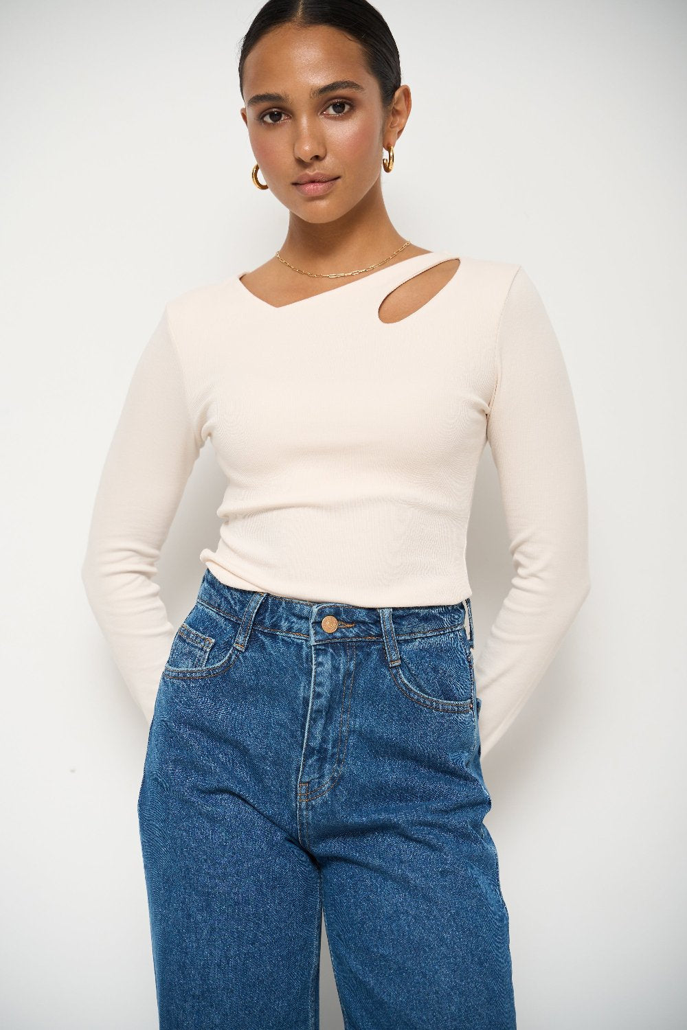 Milk Long Sleeve Top with Asymmetric Neck - SOLMAR