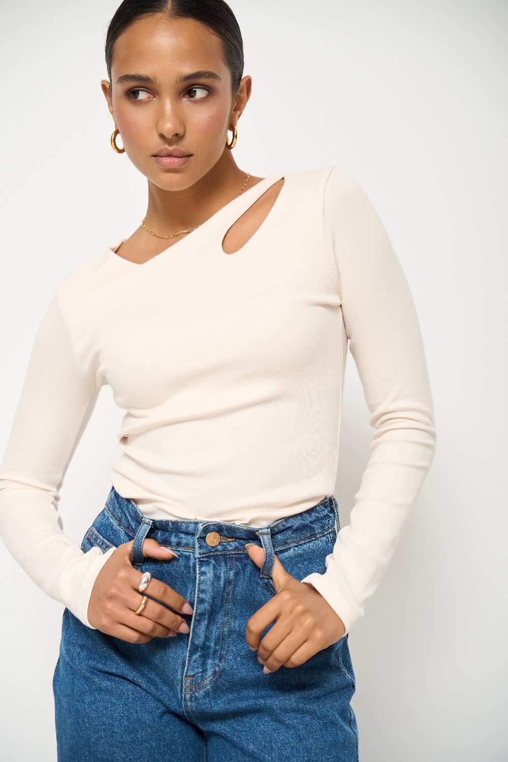 Milk Long Sleeve Top with Asymmetric Neck