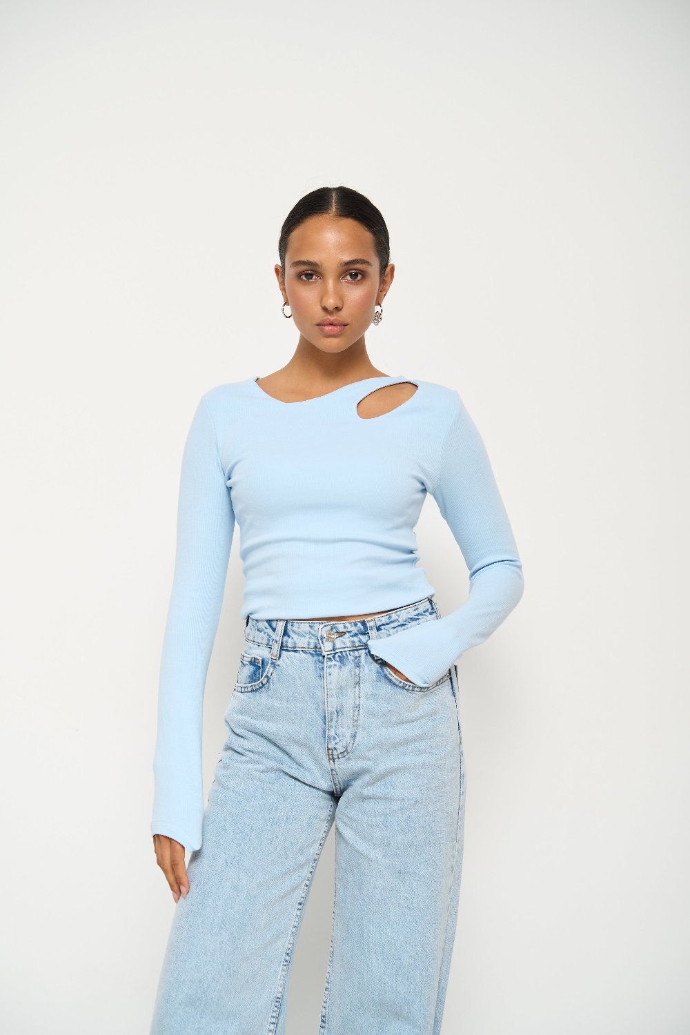 Blue Long Sleeve Top with Asymmetric Neck - SOLMAR