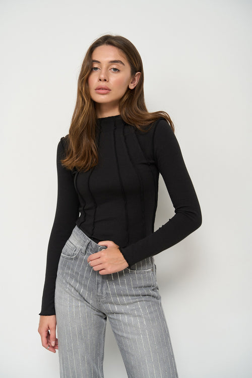 Black Long Sleeve Top with Reversed Seams