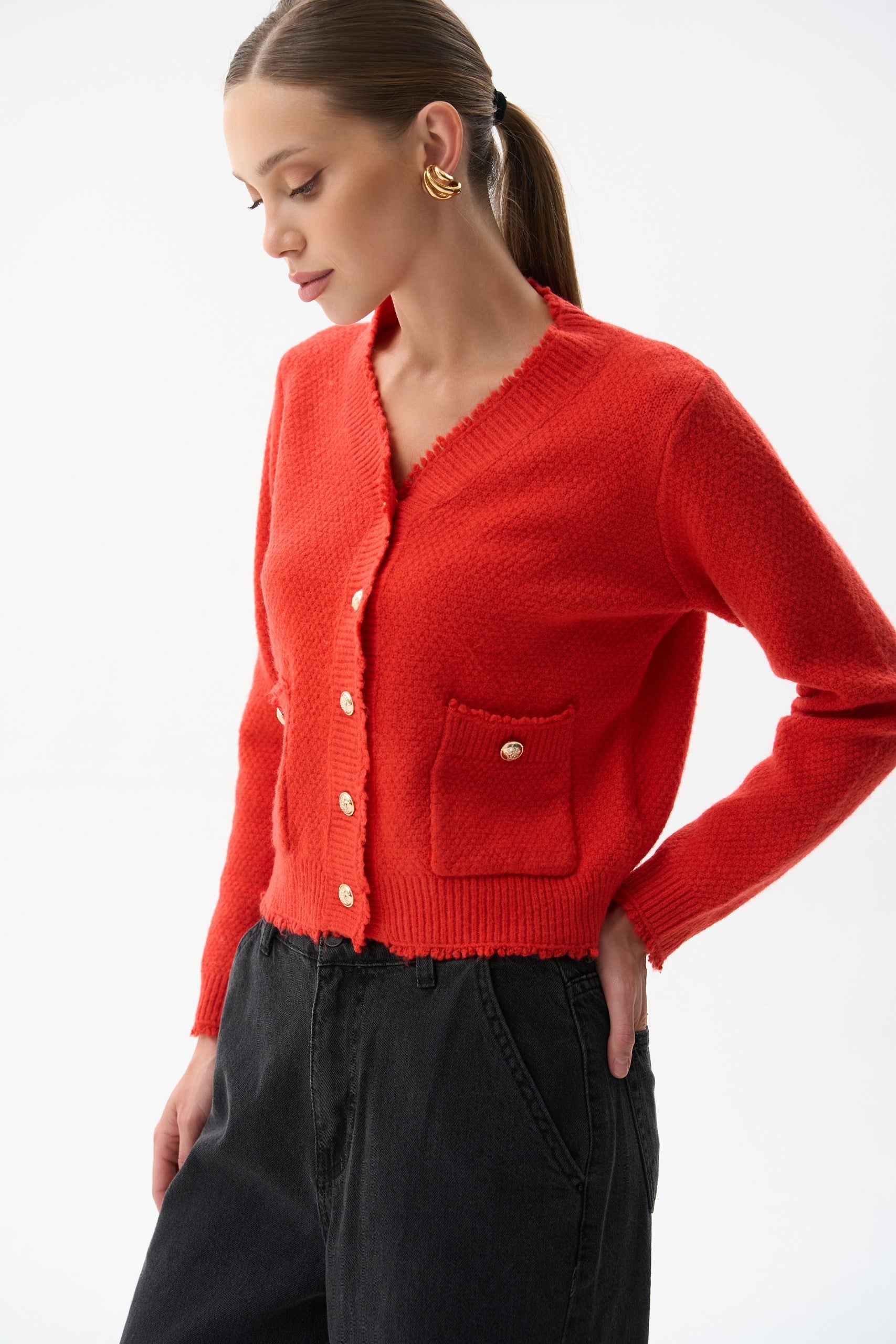 Woolen cardigan with small buttons in color red - SOLMAR