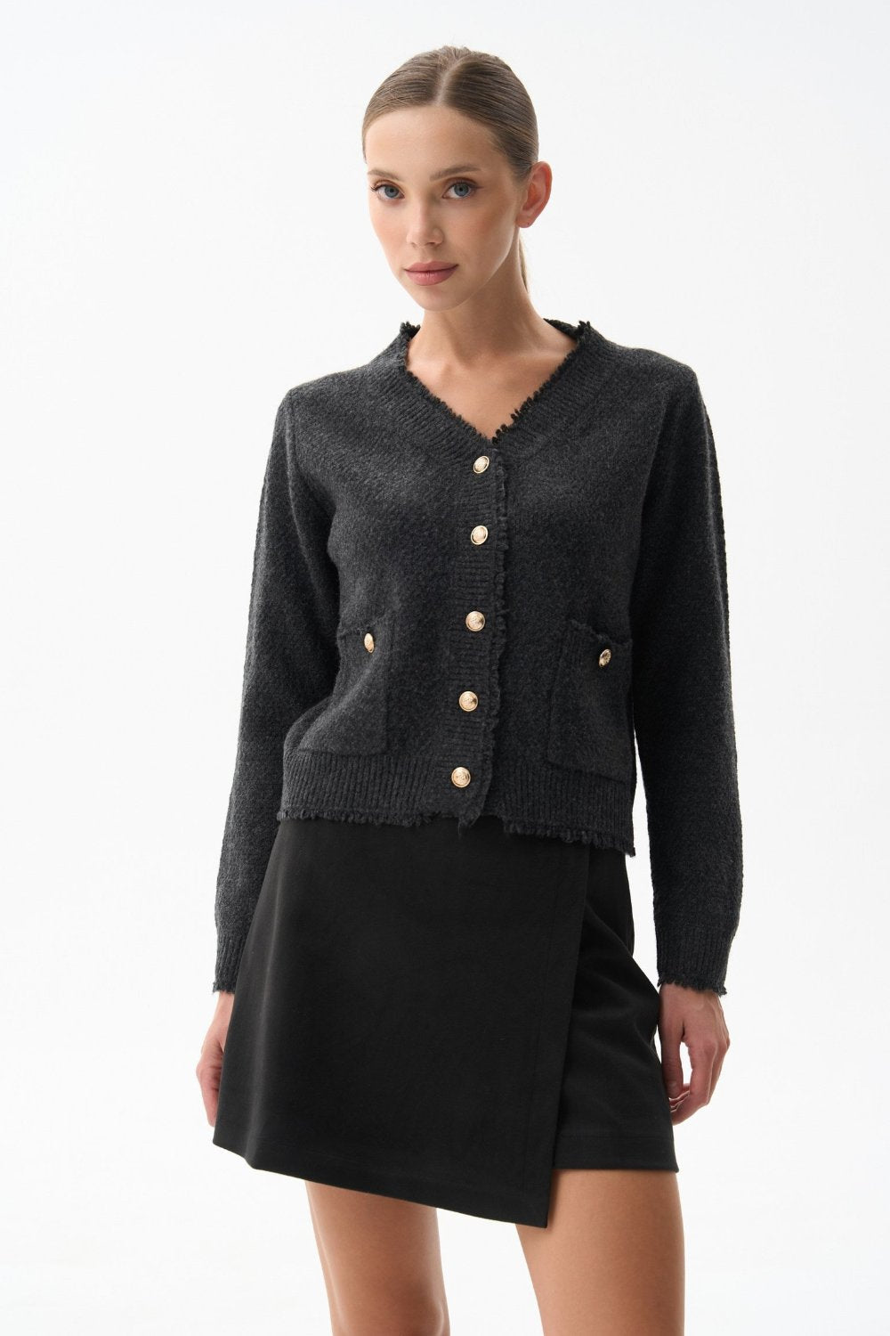 Woolen cardigan with small buttons in color dark grey - SOLMAR