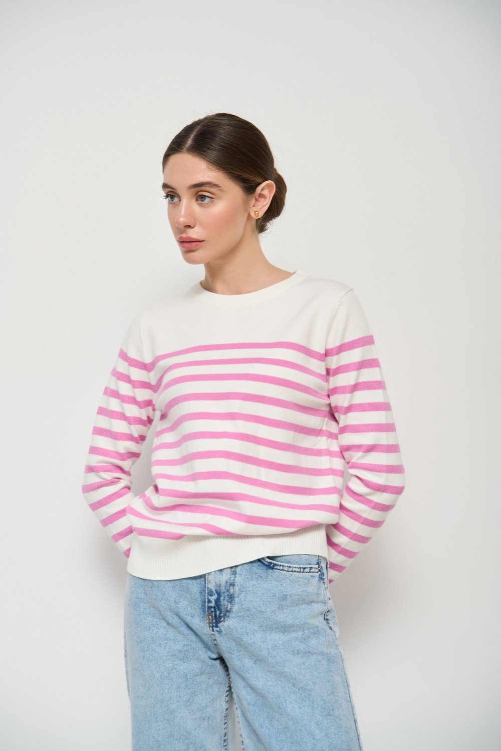 Pink Striped Knit Sweater with a Crew Neck - SOLMAR