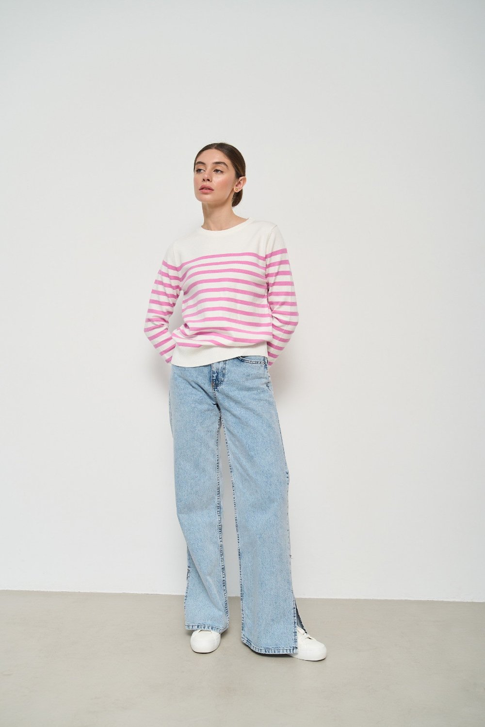 Pink Striped Knit Sweater with a Crew Neck - SOLMAR
