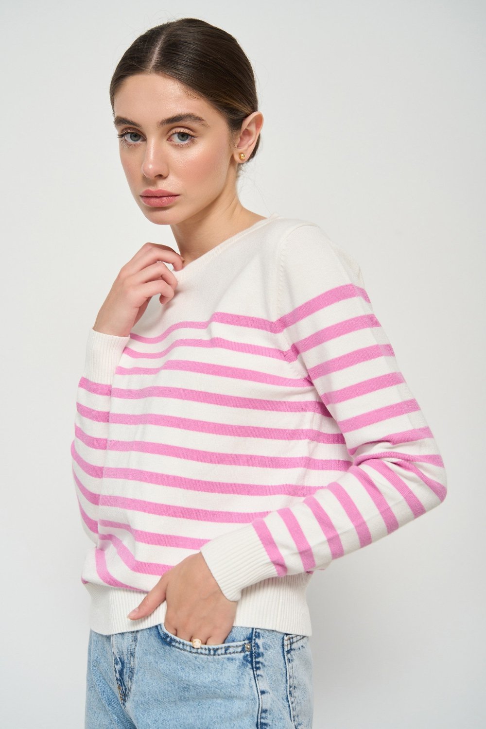 Pink Striped Knit Sweater with a Crew Neck - SOLMAR