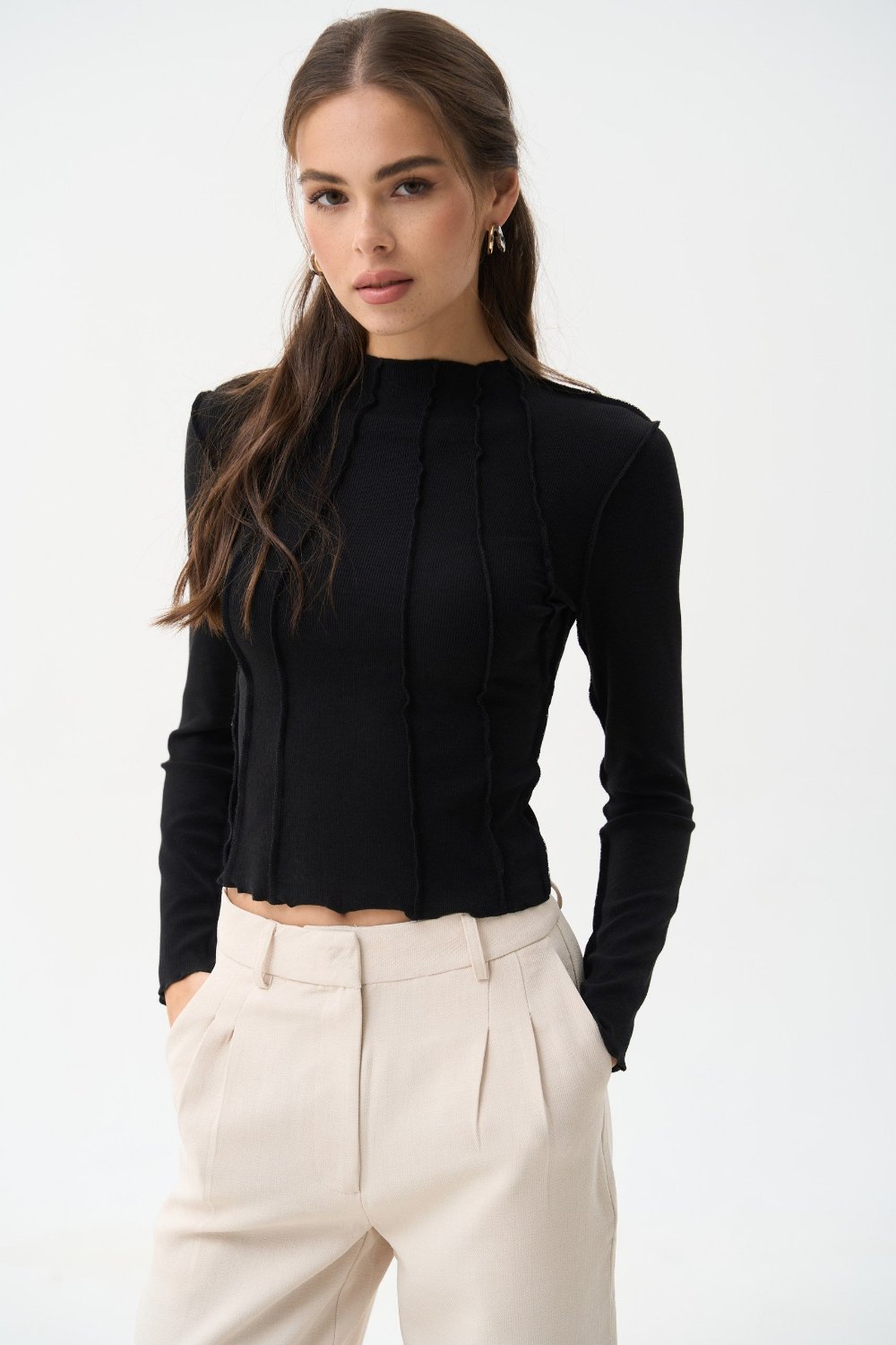 Black Long Sleeve Shirt with Decorative Seams