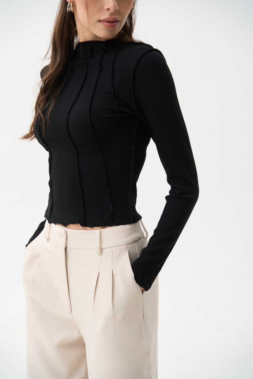 Black Long Sleeve Shirt with Decorative Seams - SOLMAR