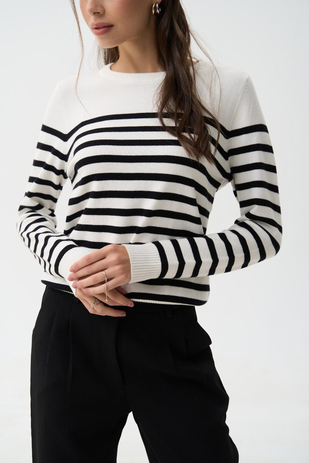 Black Striped Knit Sweater with a Crew Neck