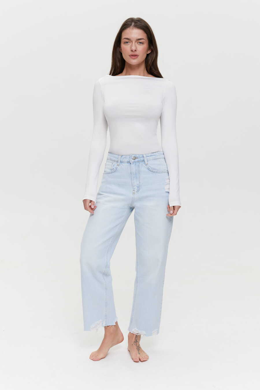 CROPPED raw hem jeans, Light blue