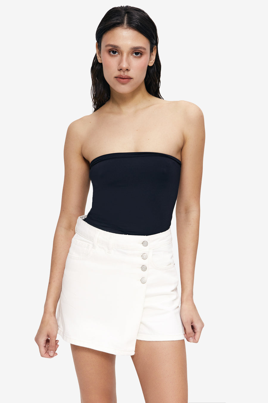 Button-front denim shorts, Milk