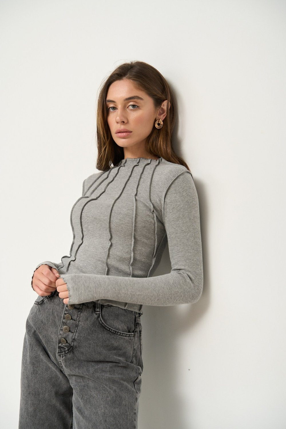 Grey Long Sleeve Shirt with Decorative Seams - SOLMAR