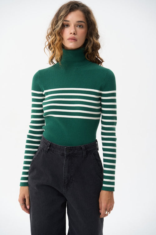 Green turtleneck sweater with a milky stripe - SOLMAR