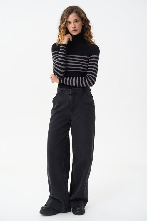 Black turtleneck sweater with a grey stripe - SOLMAR