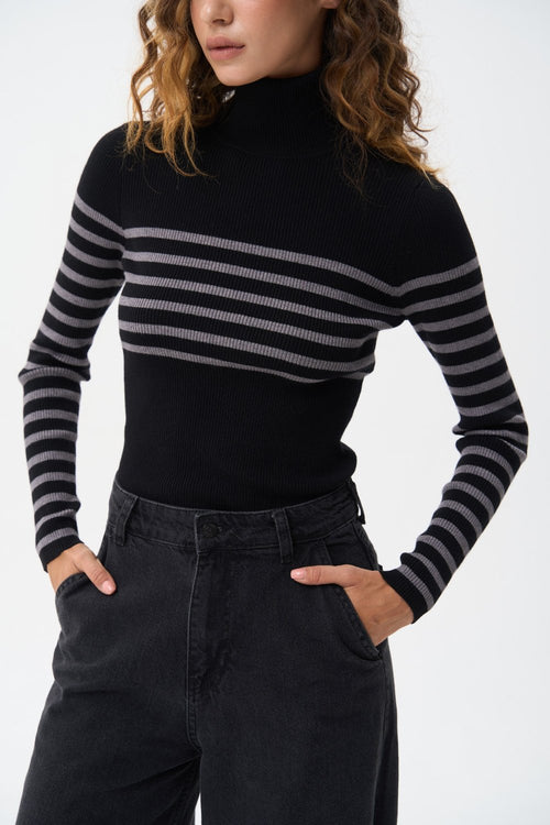 Black turtleneck sweater with a grey stripe - SOLMAR