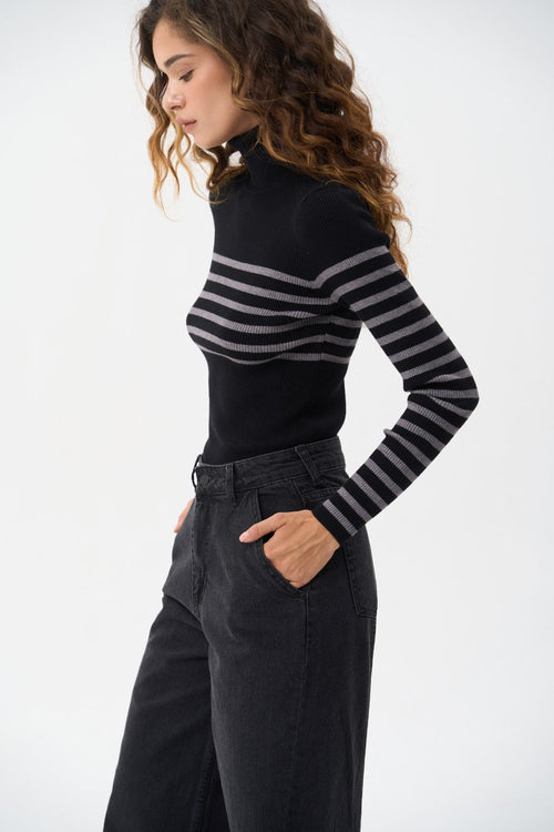 Black turtleneck sweater with a grey stripe - SOLMAR