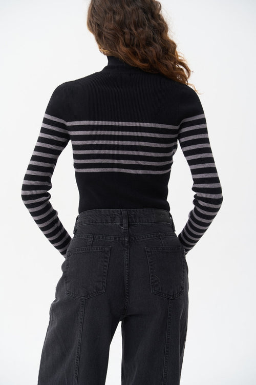 Black turtleneck sweater with a grey stripe - SOLMAR