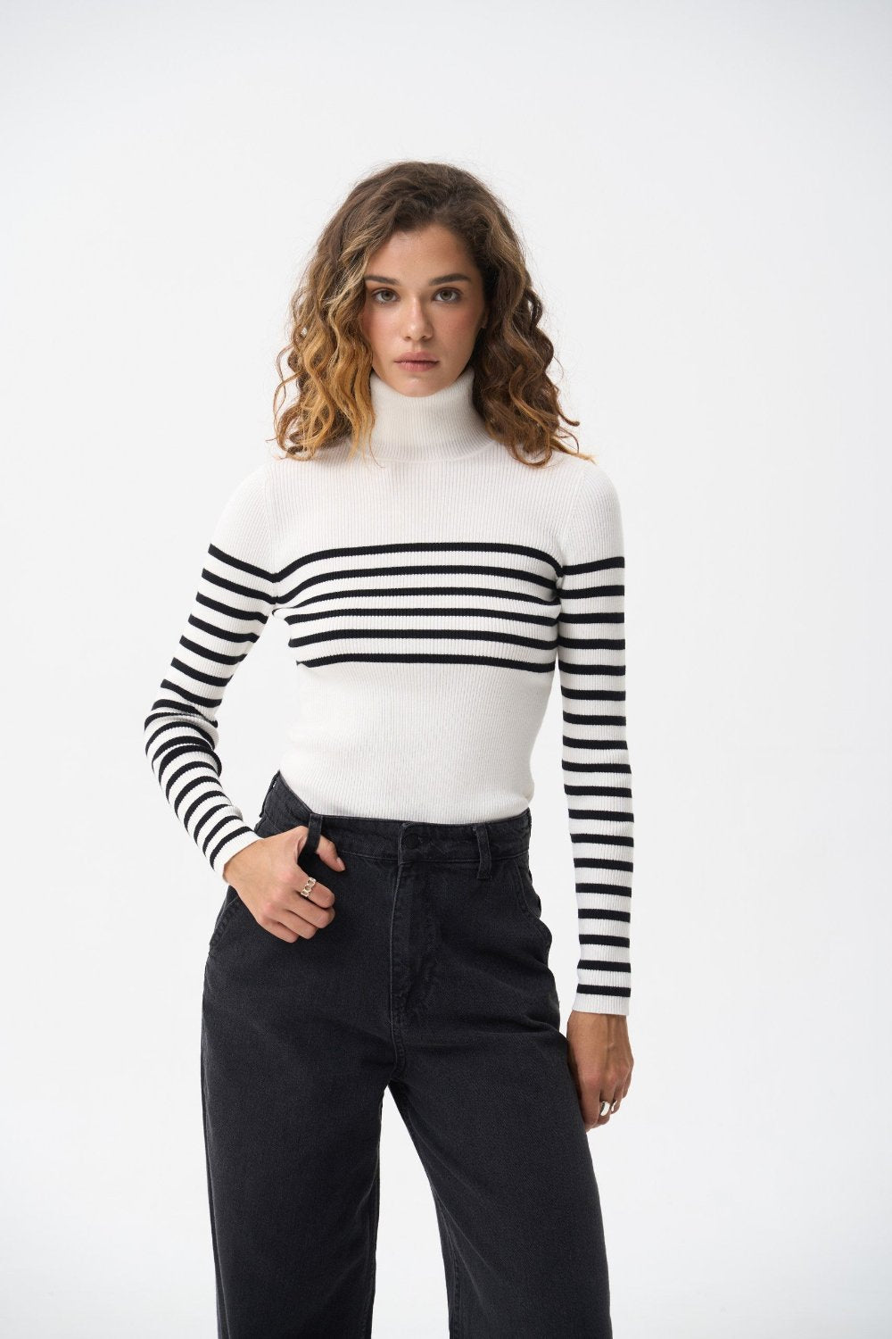 Milk turtleneck sweater with a black stripe - SOLMAR